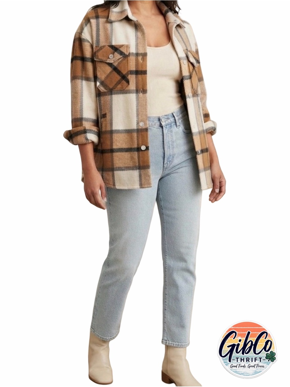 Women’s - Size Medium - Shacket with Button Front Closures - Camel Cream Plaid